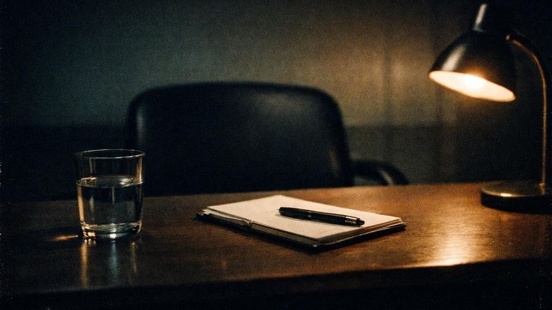 Tom stol vid ett förhörsbord i ett dunkelt rum